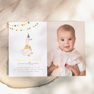 One Silly Goose Photo 1st Birthday Party Foil Invitation