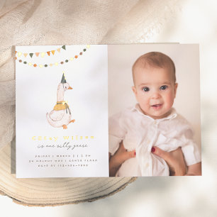 One Silly Goose Photo 1st Birthday Party Foil Invitation
