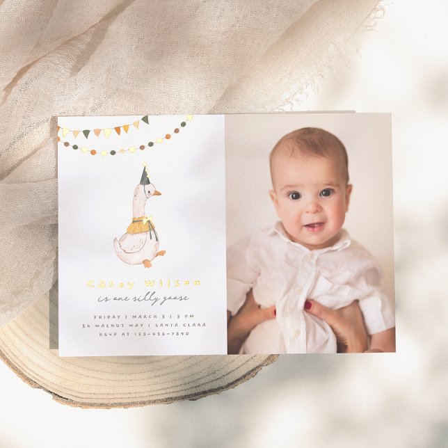 One Silly Goose Photo 1st Birthday Party Foil Invitation (Creator Uploaded)