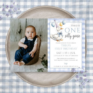 One Silly Goose Photo Blue Boy 1st Birthday Party Invitation