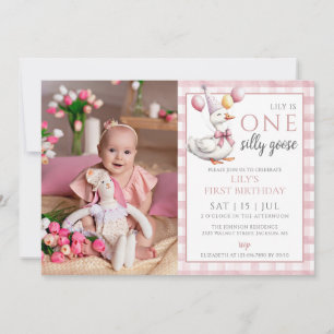 One Silly Goose Photo Pink Girl 1st Birthday Party Invitation
