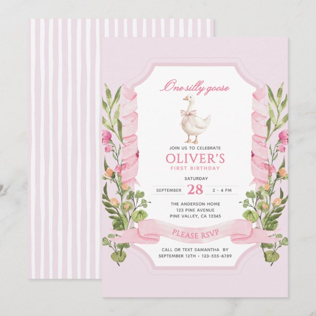 One Silly Goose Pink 1st Birthday Invitation (Front/Back)