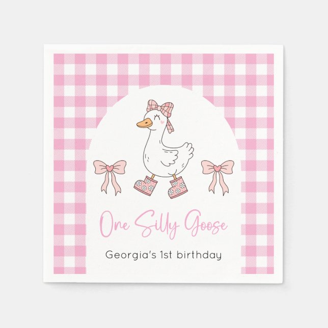 One Silly Goose Pink 1st Birthday Napkins (Front)
