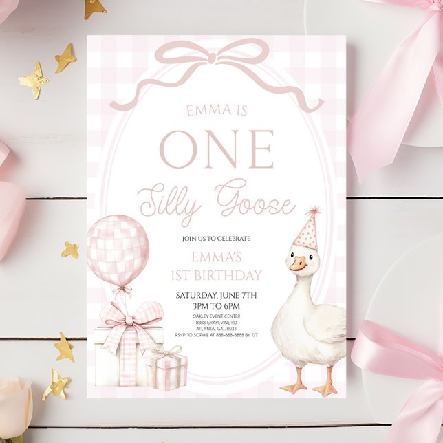 ONE Silly Goose Pink 1st Birthday Party Invitation (Creator Uploaded)