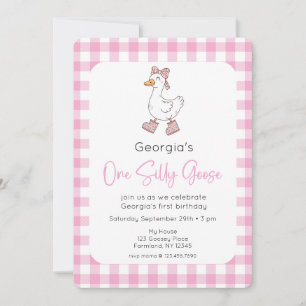 One Silly Goose Pink 1st Birthday Photo Invitation