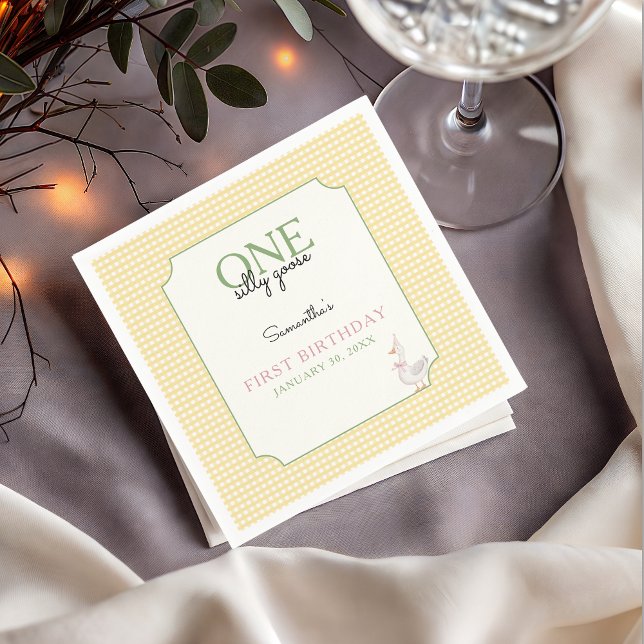 One Silly Goose Pink and Gingham 1st Birthday Napkins (Silly Goose Birthday Party Napkin)