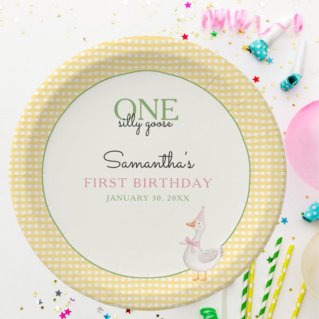 One Silly Goose Pink and Gingham 1st Birthday Paper Plates (One Silly Goose Paper Plate)