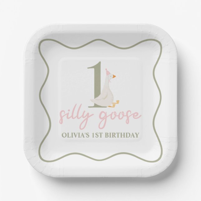 One Silly Goose pink and green Paper Plates (Front)