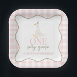 One Silly Goose pink and green Paper Plates<br><div class="desc">One silly goose! first birthday with goose,  pink plaid and sage green.</div>
