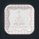 One Silly Goose pink and green Paper Plates<br><div class="desc">One silly goose! first birthday with goose,  pink plaid and sage green.</div>