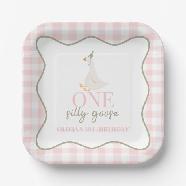 One Silly Goose pink and green Paper Plates (Front)