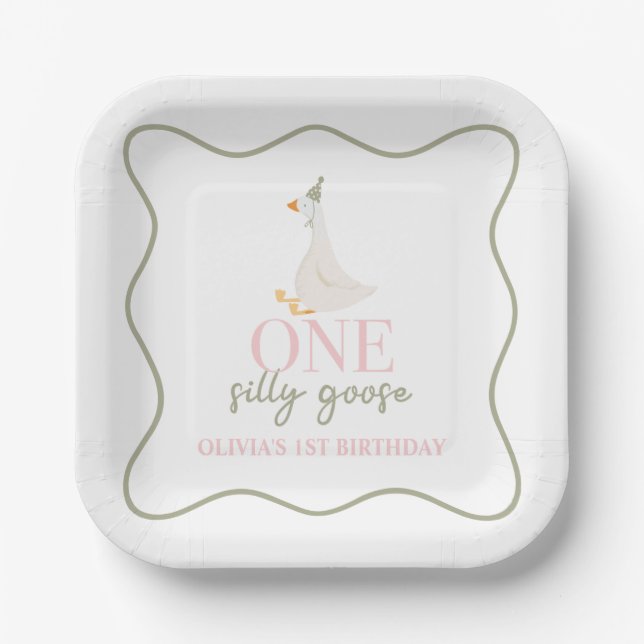 One Silly Goose pink and green Paper Plates (Front)