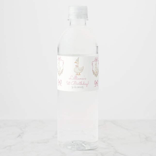 One Silly Goose Pink  Birthday Water Bottle Label (Front)
