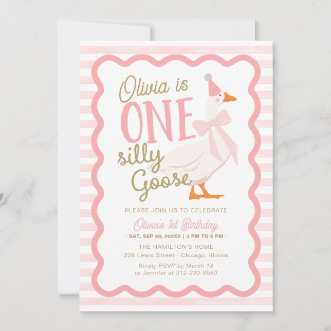One Silly Goose Pink Bow 1st Birthday Invitation (Front)