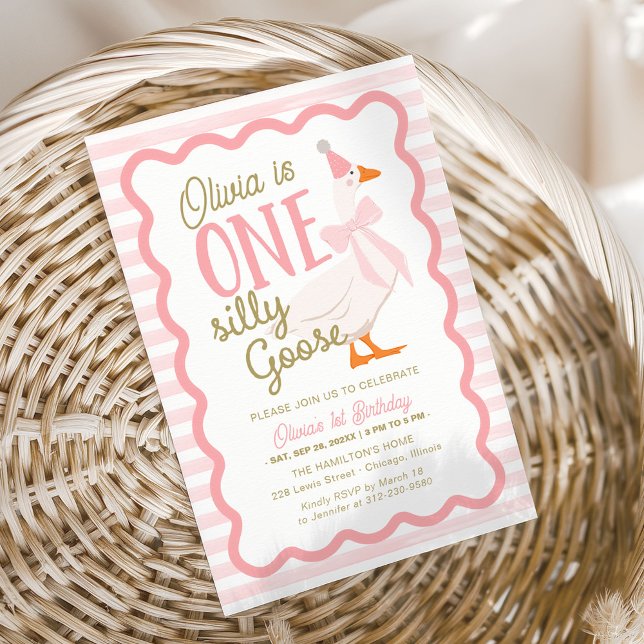 One Silly Goose Pink Bow 1st Birthday Invitation (Creator Uploaded)