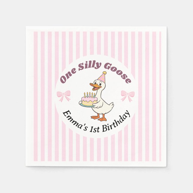 One Silly Goose Pink Bow 1st Birthday  Napkins (Front)
