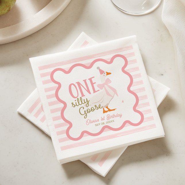 One Silly Goose Pink Bow 1st Birthday Napkins (Creator Uploaded)