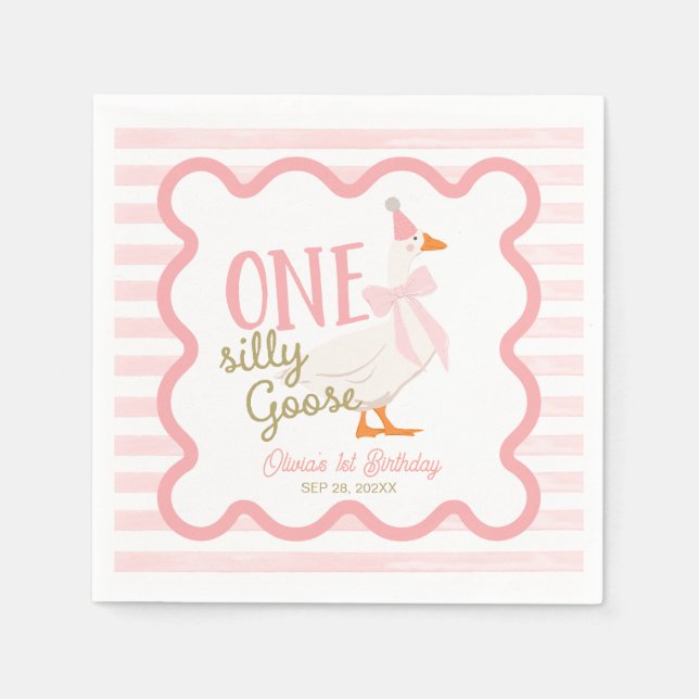 One Silly Goose Pink Bow 1st Birthday Napkins (Front)