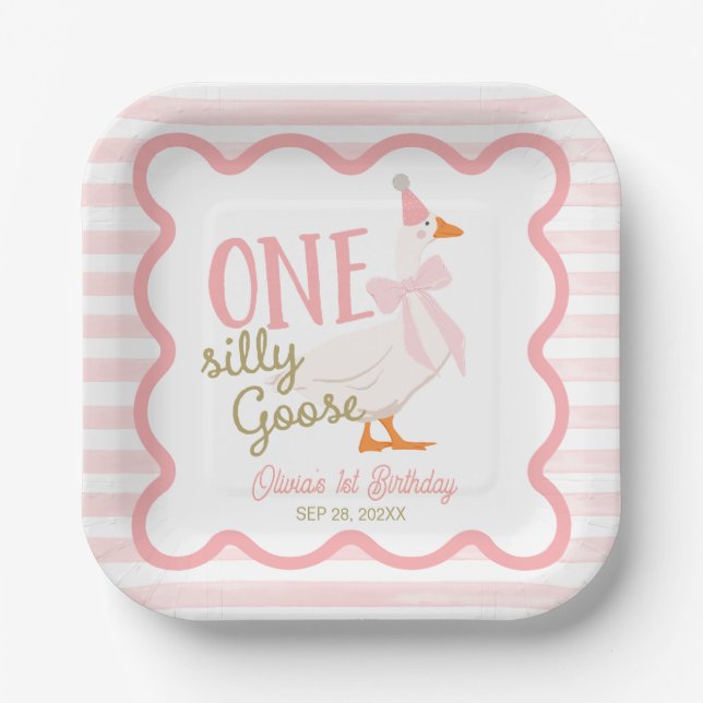 One Silly Goose Pink Bow 1st Birthday Paper Plates (Front)