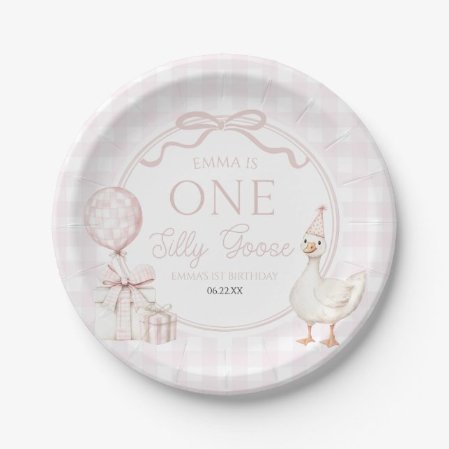 ONE Silly Goose Pink Bow 1st Birthday Party Paper Plates (Front)