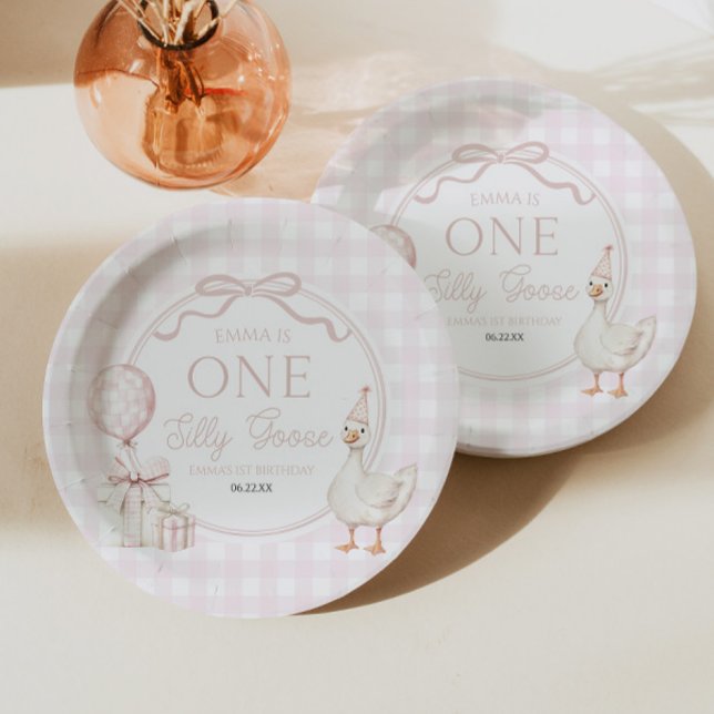 ONE Silly Goose Pink Bow 1st Birthday Party Paper Plates (Creator Uploaded)