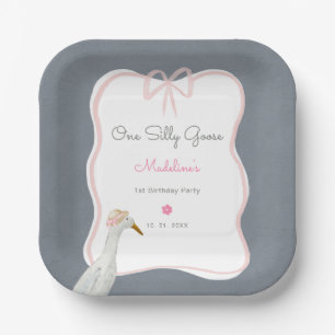 One Silly Goose Pink Bow 1st Birthday Party Paper Plates
