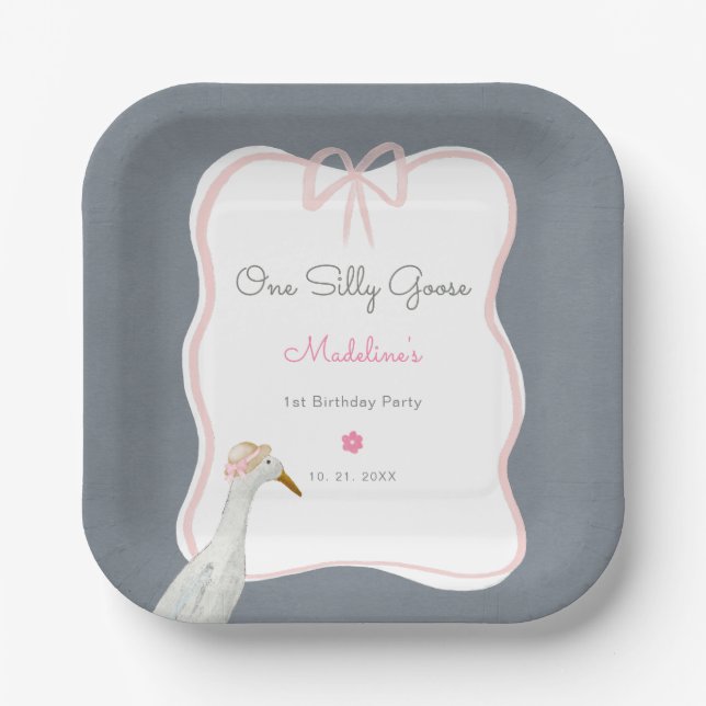 One Silly Goose Pink Bow 1st Birthday Party Paper Plates (Front)