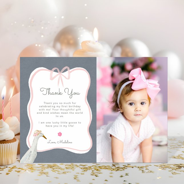 One Silly Goose Pink Bow 1st Birthday Party Photo Thank You Card (Creator Uploaded)