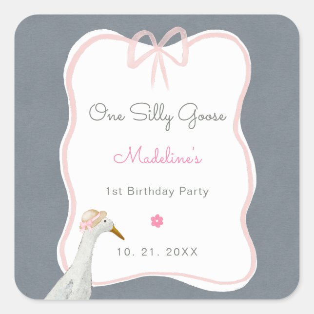 One Silly Goose Pink Bow 1st Birthday Party Square Sticker (Front)