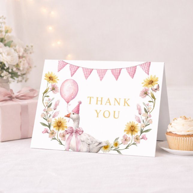 One Silly Goose Pink Bow 1st Birthday Thank You Ca Card (Silly Goose Thank You Card)