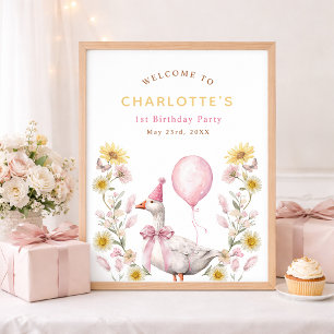 One Silly Goose Pink Bow 1st Birthday Welcome Poster