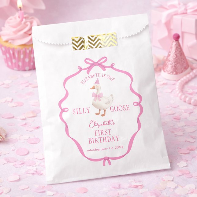 One Silly Goose Pink Bow First Birthday  Favor Bag (One Silly Goose Pink Bow First Birthday Favor Bag)