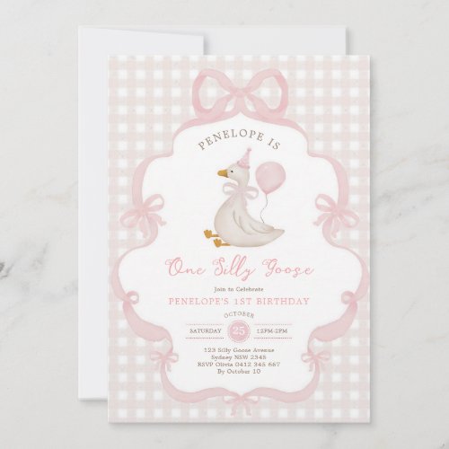 One Silly Goose Pink Bow First Birthday Invitation