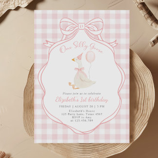 One Silly Goose Pink Bow First Birthday Invitation