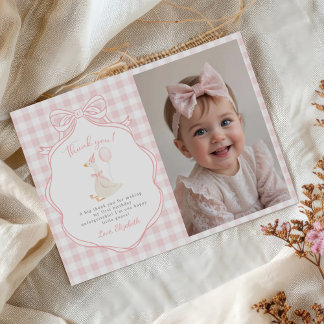 One Silly Goose Pink Bow First Birthday Photo Thank You Card