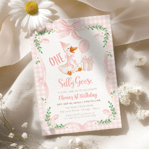 One Silly Goose Pink Bow Floral 1st Birthday Invitation