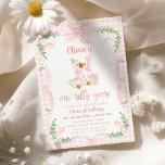 One Silly Goose Pink Bow Floral 1st Birthday Invitation<br><div class="desc">Get ready to celebrate your little one’s first birthday with the One Silly Goose 1st Birthday Suite! This charming suite features an adorable goose wearing a cute pink bow, surrounded by sweet daisy flowers and cheerful greenery. All this cuteness comes together against a fun pink-checkered watercolor backdrop, making it perfect...</div>