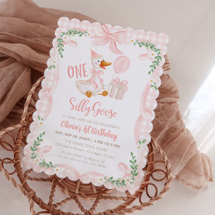 One Silly Goose Pink Bow Floral 1st Birthday Invitation