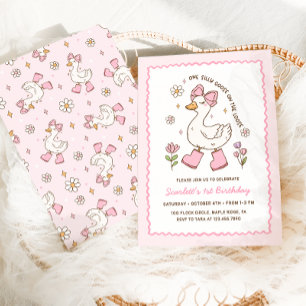 One Silly Goose Pink Bow Floral 1st Birthday Invitation