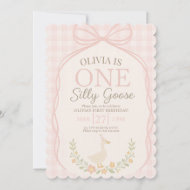 One Silly Goose Pink Bow Floral 1st Birthday Invitation
