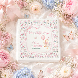 One Silly Goose Pink Bow Floral 1st Birthday Napkins