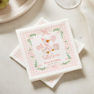 One Silly Goose Pink Bow Floral 1st Birthday Napkins