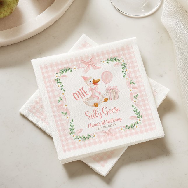 One Silly Goose Pink Bow Floral 1st Birthday Napkins (Creator Uploaded)