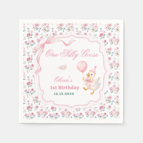 One Silly Goose Pink Bow Floral 1st Birthday Napkins