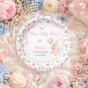 One Silly Goose Pink Bow Floral 1st Birthday Paper Plates