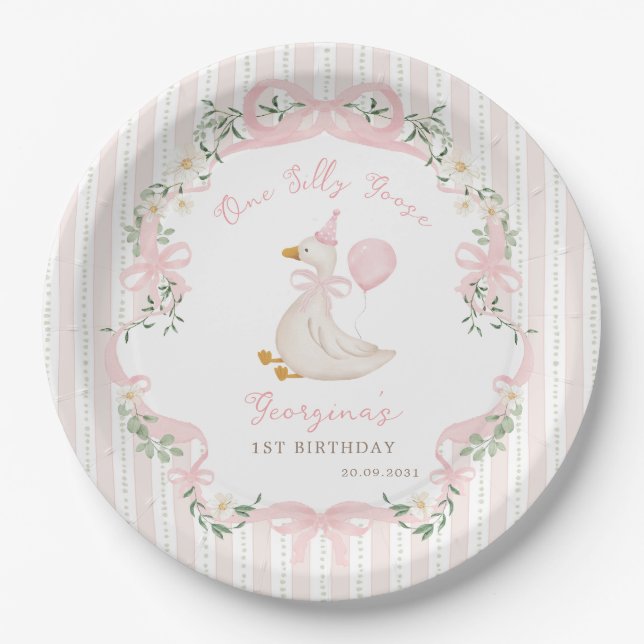 One Silly Goose Pink Bow Floral 1st Birthday Paper Plates (Front)