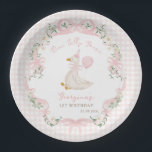 One Silly Goose Pink Bow Gingham 1st Birthday Paper Plates<br><div class="desc">Designed with a soft, vintage watercolor style, this adorable paper plate features a whimsical watercolor goose in a party hat, delicate daisies and greenery accents, and elegant blush pink bows wrapped in flowing ribbon. The gentle pastel palette and whimsical layout offer a perfect touch of coquette girly elegance for your...</div>