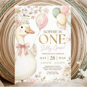 One Silly Goose Pink Bow Girl 1st Birthday Invitat Invitation