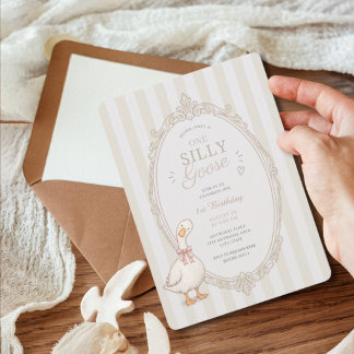 One silly goose pink bow girl 1st birthday  invitation