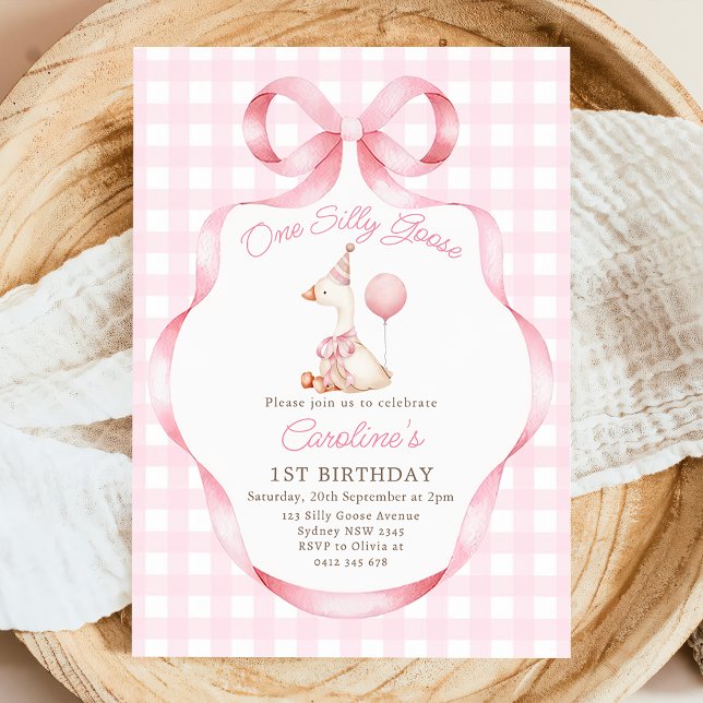One Silly Goose Pink Bow Girl 1st Birthday Invitation (Creator Uploaded)